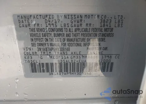 2017 Nissan Sentra Sv z USA, uszkodzony, nr VIN 3N1AB7AP9HY309148